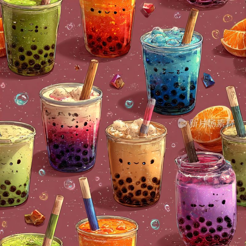 多彩可爱珍珠奶茶插画
