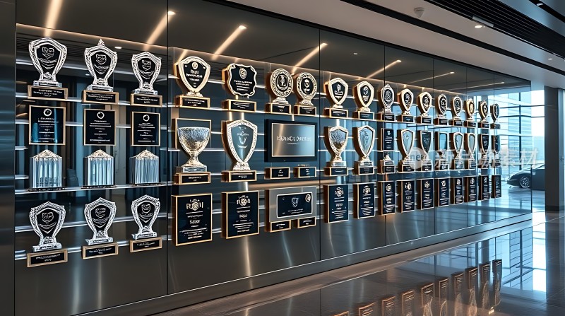 奖杯陈列墙彰显荣誉与成就