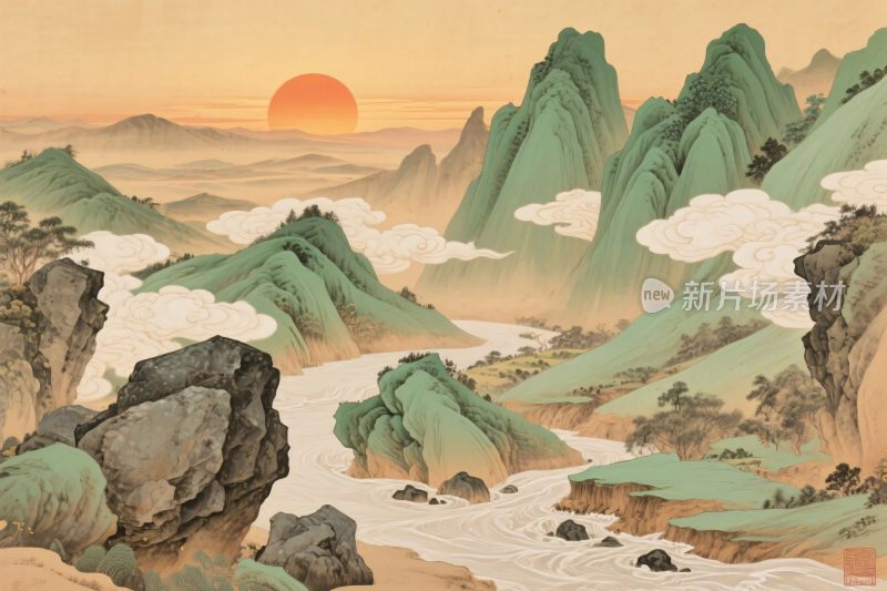 东方山水风景插画