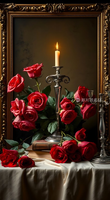 烛光玫瑰静物画