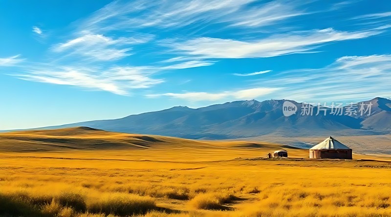金色草原上的毡房与远山