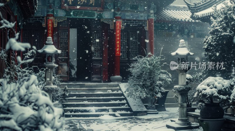 冬天中国塔楼古镇下雪古风雪景