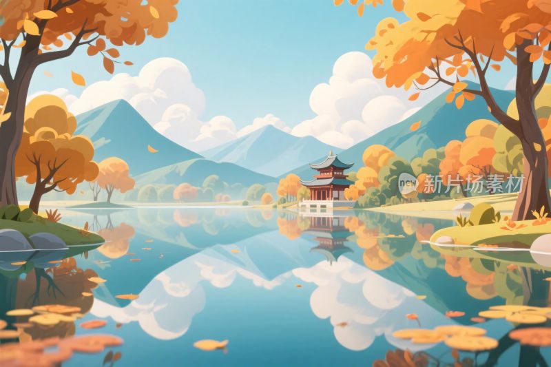 秋日山水古亭风景