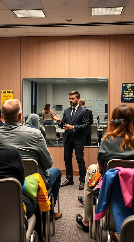 西装革履男子在会议室中演讲听众认真聆听