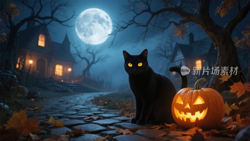 万圣节夜晚黑猫与南瓜灯