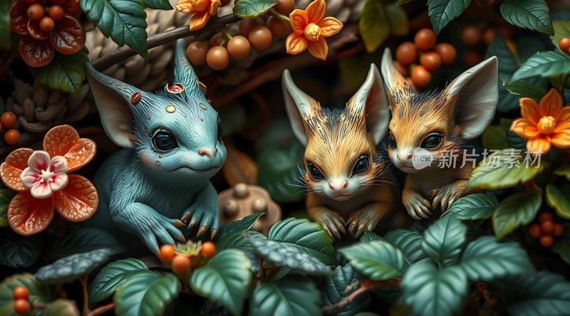 三只精灵在花丛中探出头