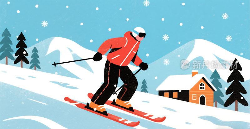 冬天雪景滑雪插画背景