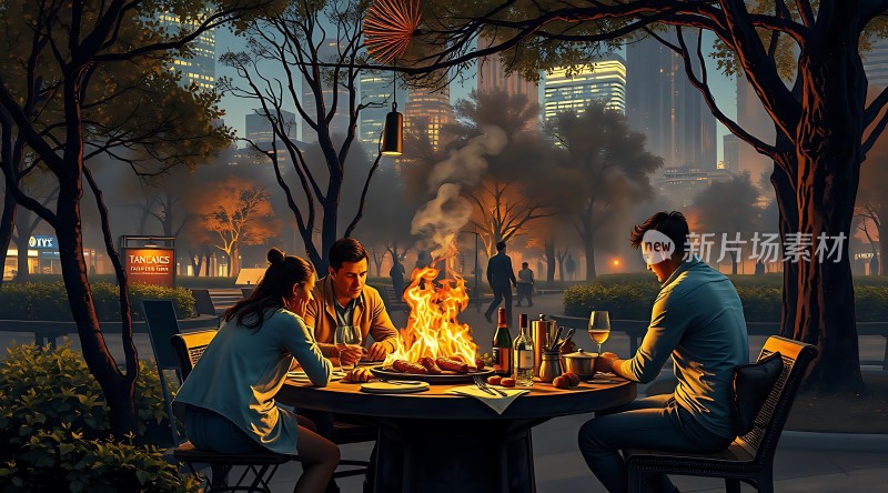 城市夜晚烧烤聚会