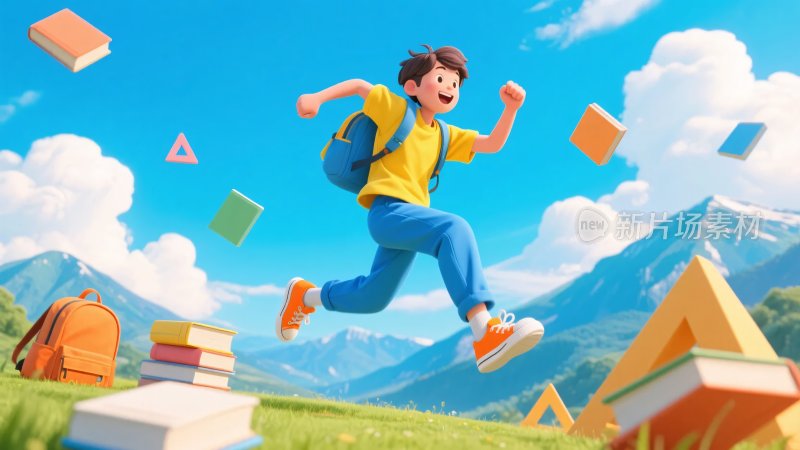 少年背着书包在户外欢快奔跑