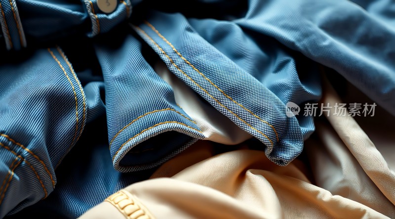 蓝色牛仔布料的细节特写