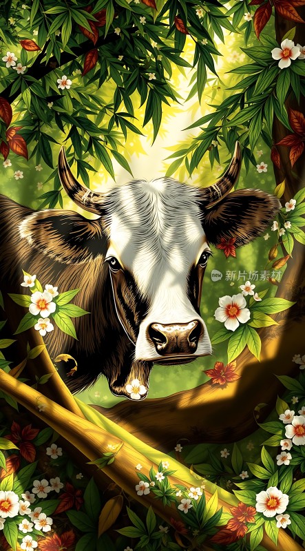 牛在花丛中探出头