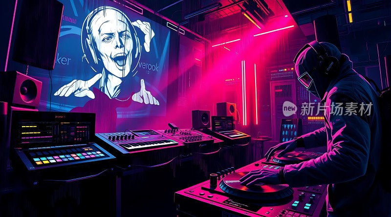 电子音乐节现场DJ操控设备屏幕显示人物形象霓虹灯光效果