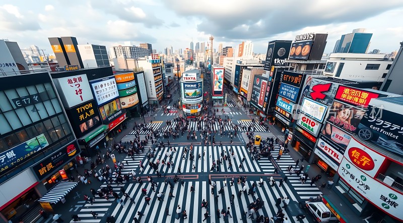 繁华都市街头人群熙攘高楼林立霓虹闪烁
