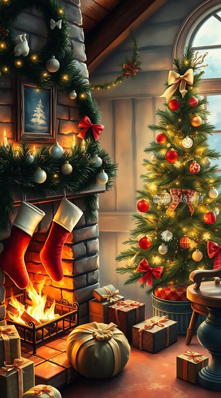 圣诞树与壁炉温馨场景