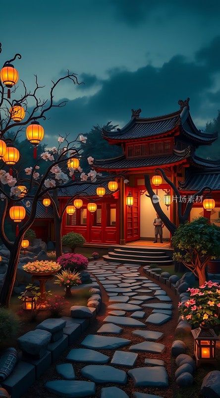 古风庭院夜色灯笼小径