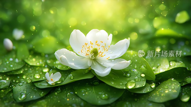 绿叶上的白色花朵与露珠