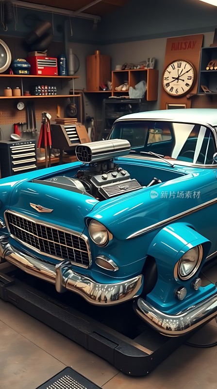 蓝色经典汽车复古风格车库展示