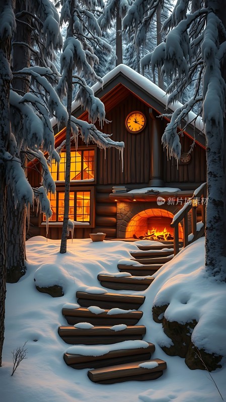 雪夜小木屋温馨 fireplace