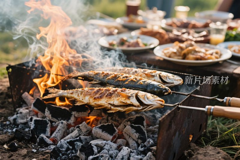 户外烧烤烤鱼场景