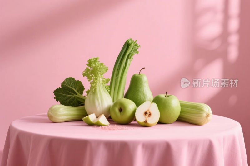 粉色背景上的蔬菜水果组合