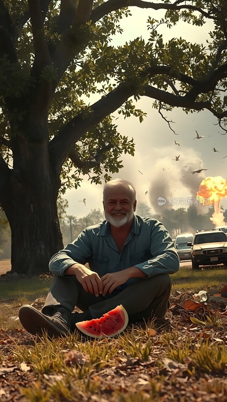树下老人吃西瓜远处爆炸声隆隆