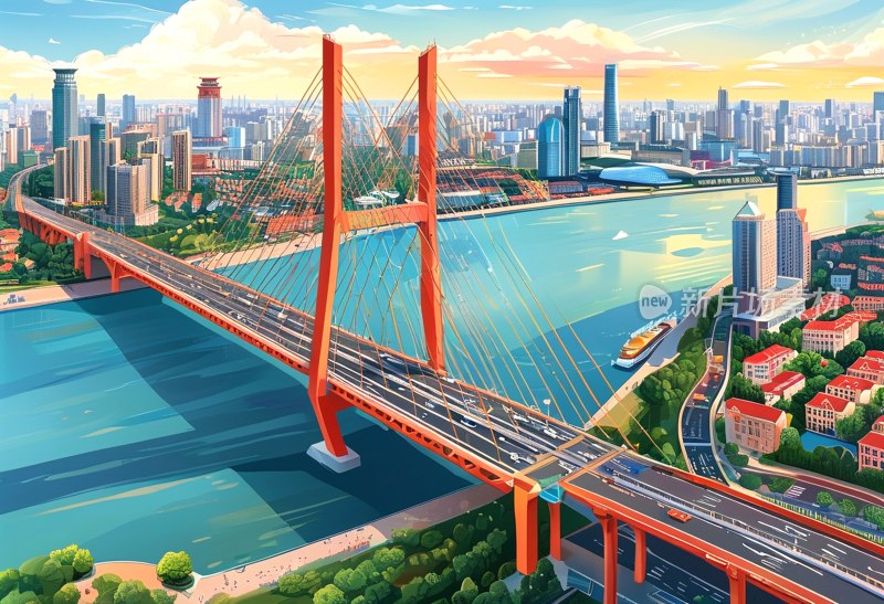 杨浦大桥日落全景