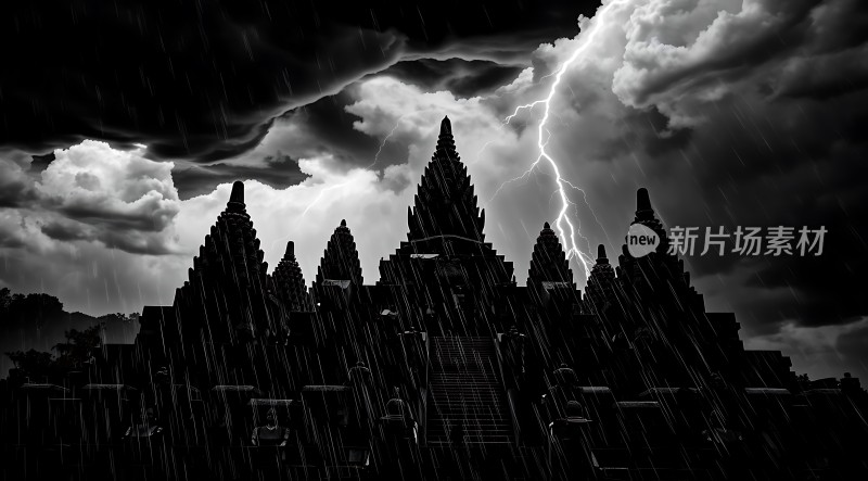 雨夜古建筑闪电