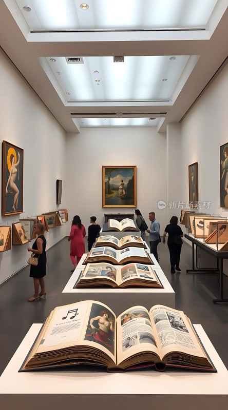 艺术馆内参观者欣赏画作与书籍展示