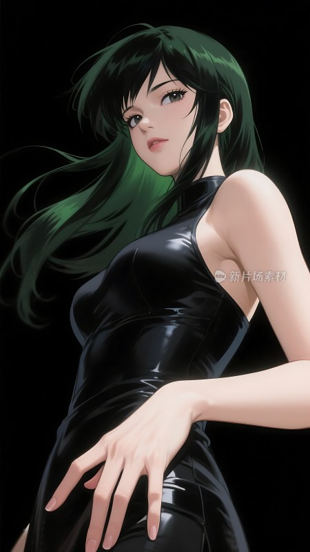 绿色长发美女穿黑色皮衣