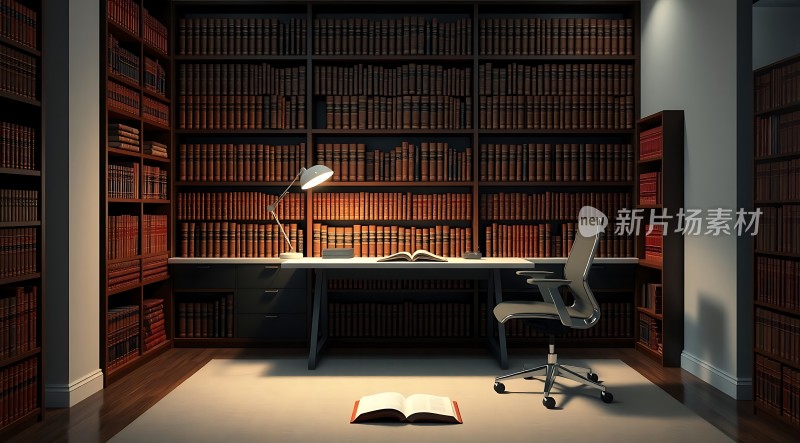 书房一角书架、桌椅与台灯