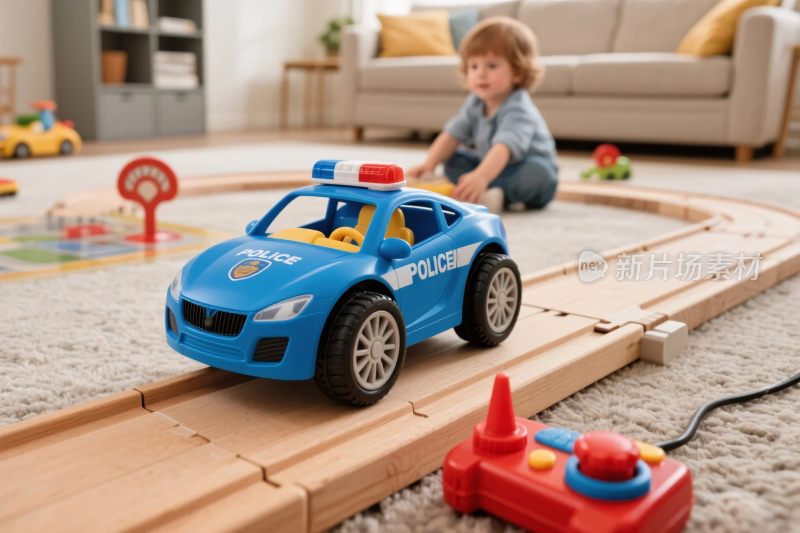 小孩玩蓝色玩具警车场景