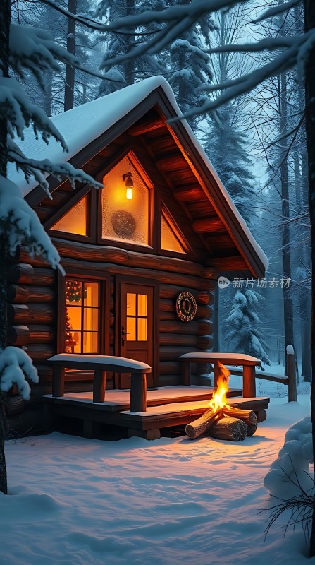 雪夜小木屋温馨篝火