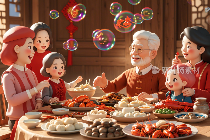 重阳节老人小孩一家人和睦创意插画