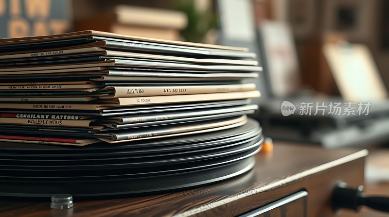 复古唱片堆叠音乐时光的回忆