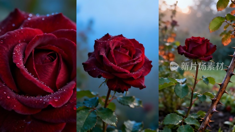 红玫瑰绽放露珠点缀生机盎然