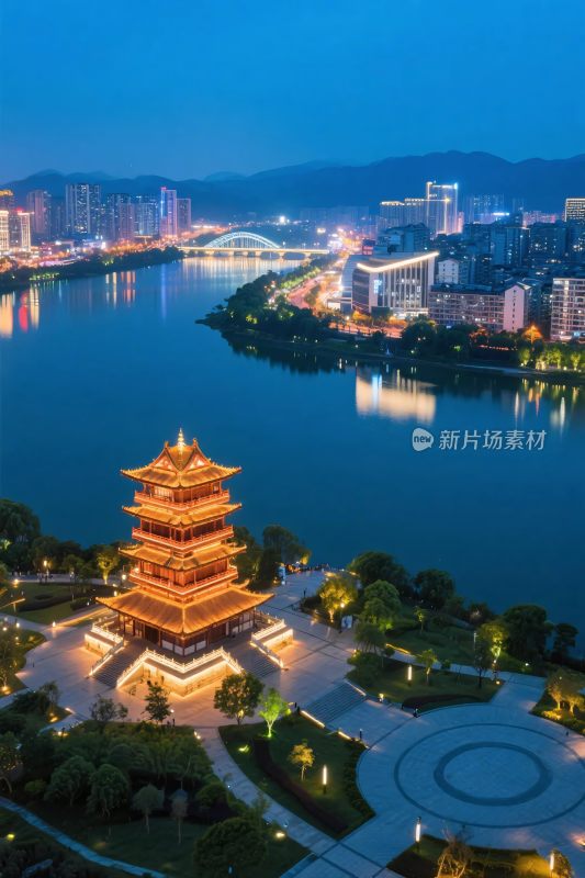 城市古塔水域夜景
