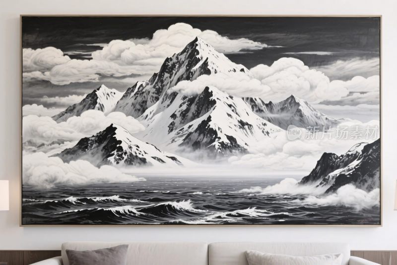 黑白山水雪山画