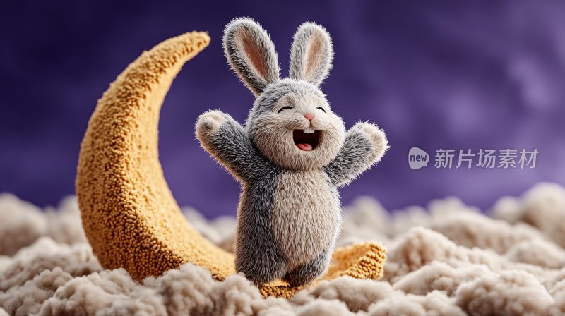毛绒兔子站在月亮上欢呼