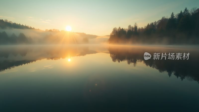 晨曦映照下的静谧湖面