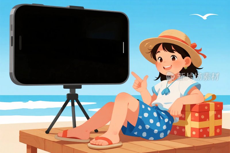 女孩在海边与手机互动场景