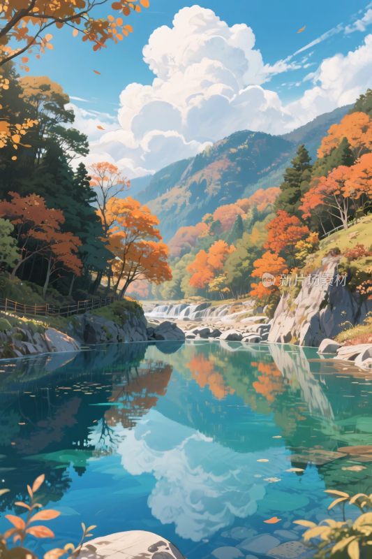 秋景山水风景插画