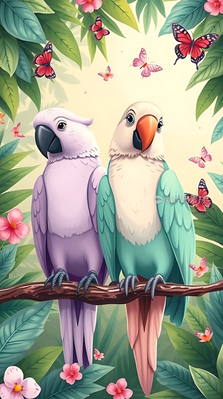 鹦鹉与蝴蝶共舞于花丛间