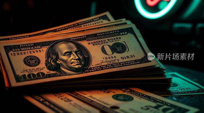 百元美钞堆叠霓虹灯光映照下的财富象征
