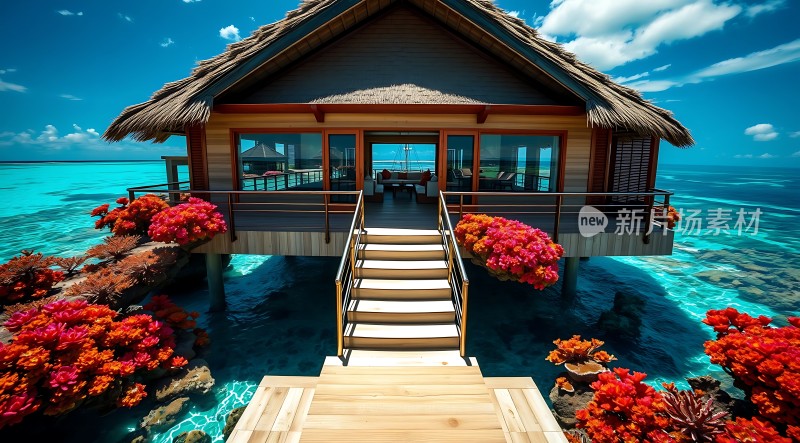 碧海蓝天下的水上木屋