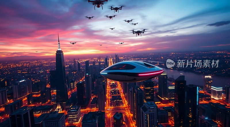 未来之城无人机与飞行器共舞