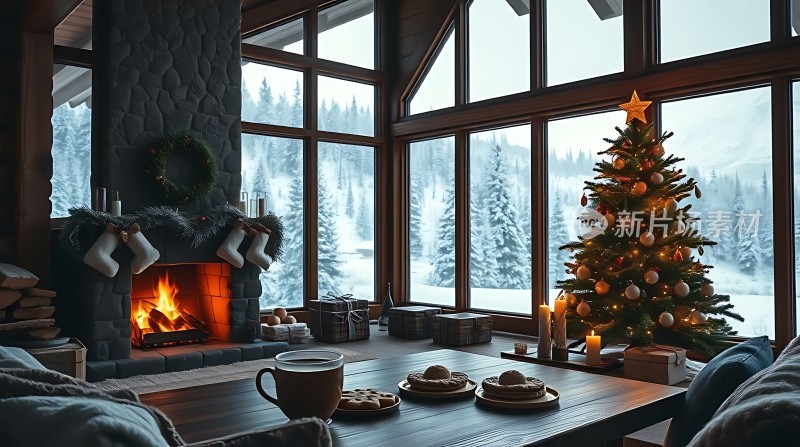 冬日暖炉旁的温馨圣诞场景