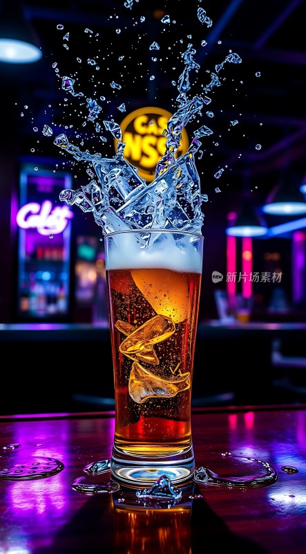 冰块落入啤酒杯中溅起水花四射