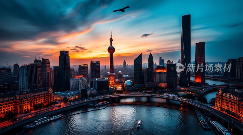 东方明珠与城市天际线日落美景