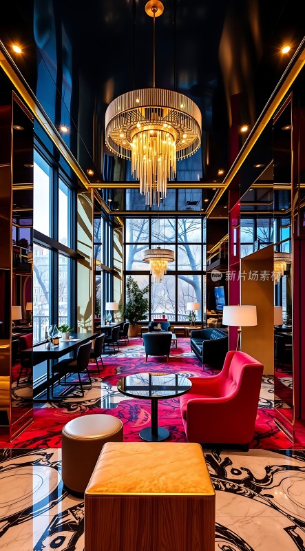 现代奢华大堂红色沙发与金色吊灯相映成趣