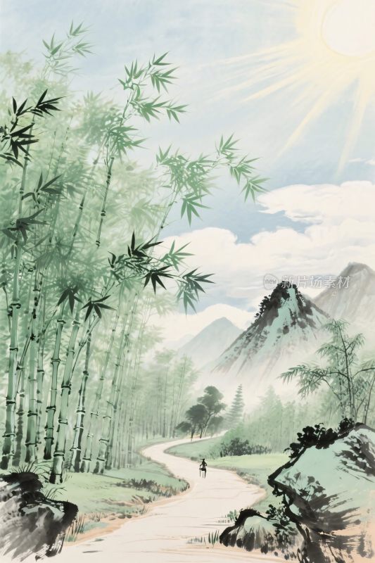 山水竹林水墨风景画
